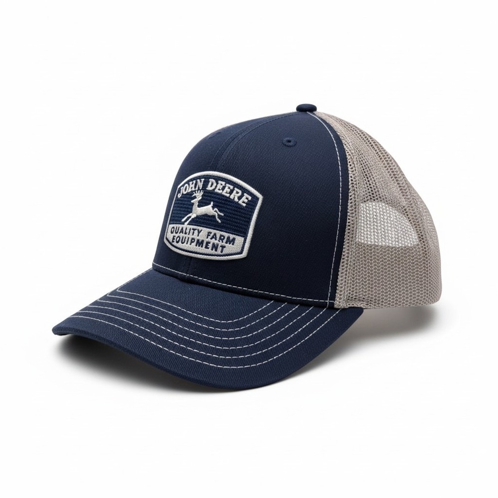 John Deere Mens Navy Blue Grey Mesh Trucker Hat Snapback Cap Farm Equipment